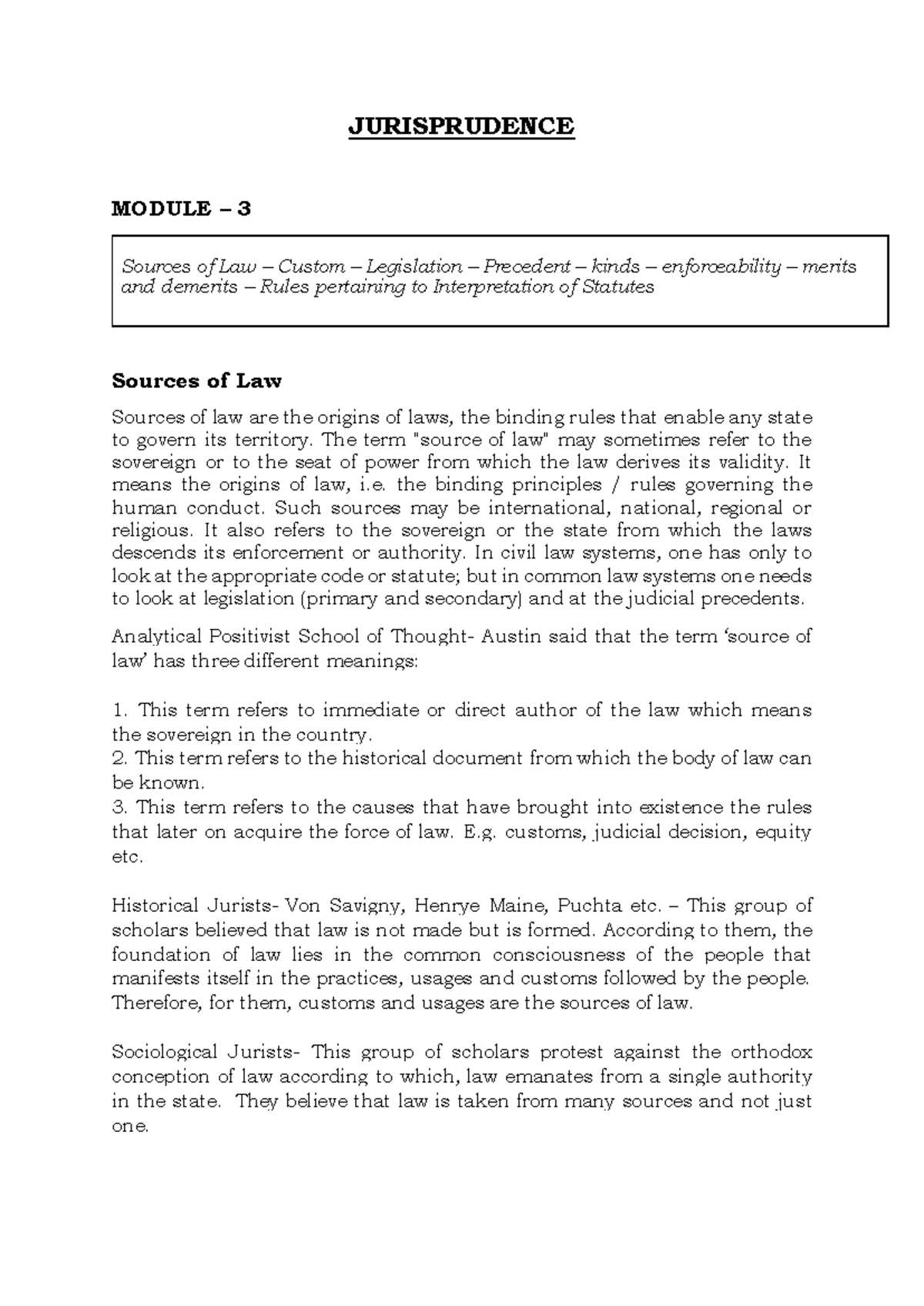 JURISPRUDENCE 3: Sources of Law - Custom, Legislation, and Precedent ...