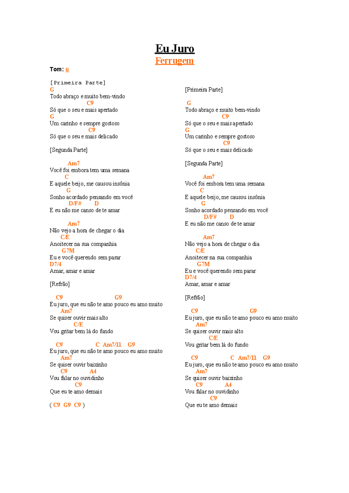 Cifras Repertorio - Boa noite - Eu Juro Ferrugem Tom: G [Primeira Parte] G  Todo abraço e muito - Studocu