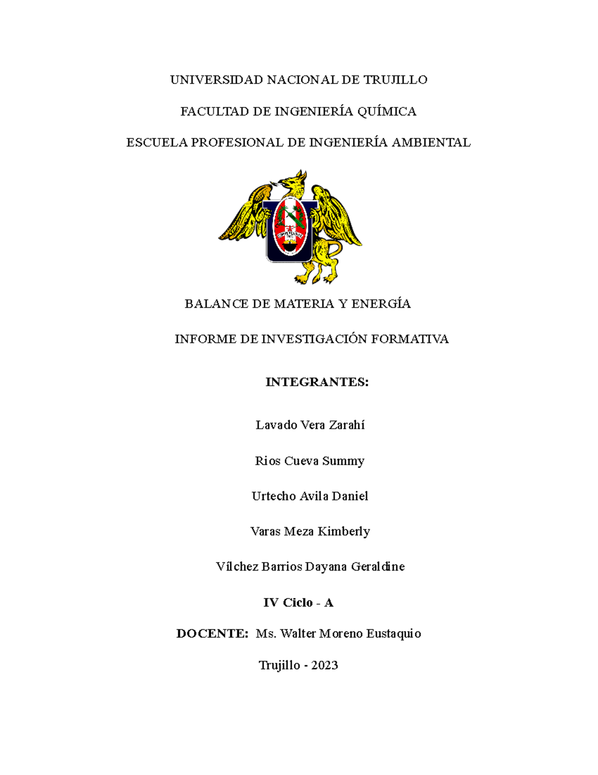 Informe I.F - Balance de Materia y Energía en Tratamiento de Agua - Document Preview