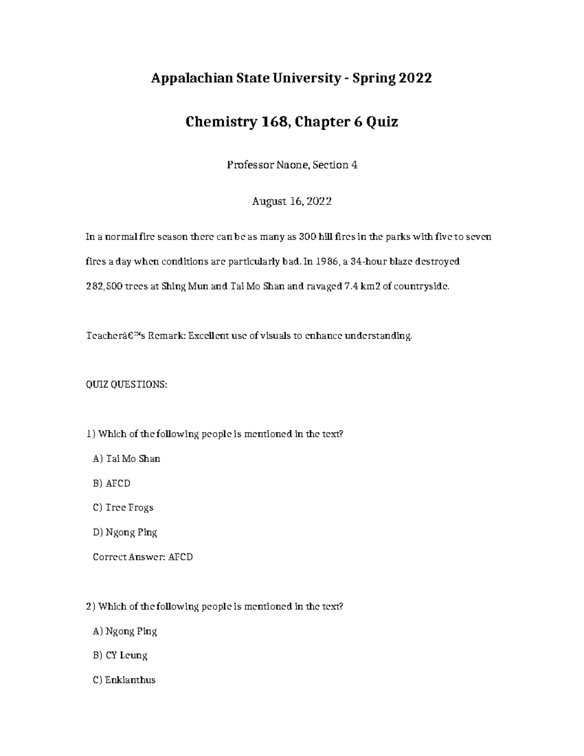 Chemistry 168 Chapter 6 QUIZ - Appalachian State University - Spring ...