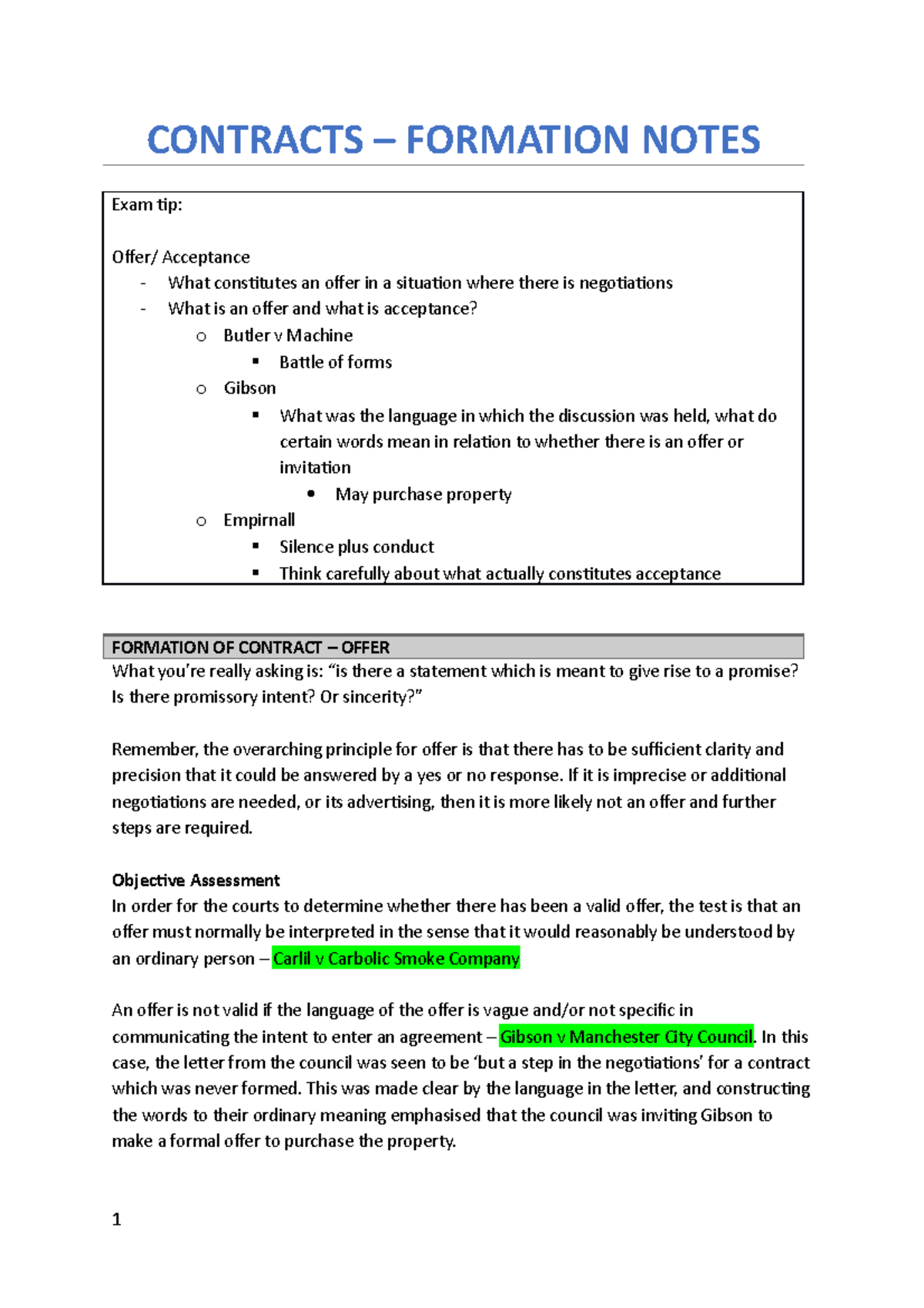 Contracts Exam - Formation - CONTRACTS – FORMATION NOTES Exam tip ...