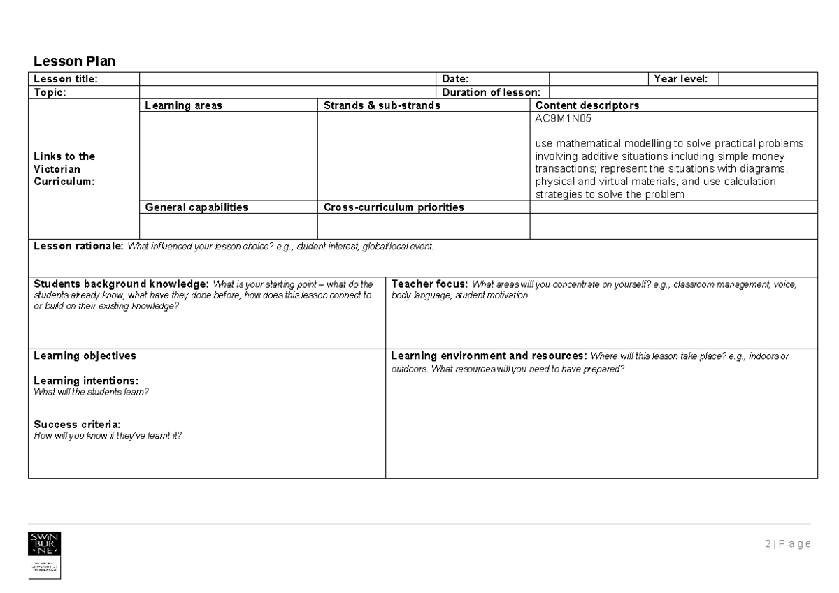 Lesson Plan: Mathematical Modelling in Additive Situations (AC9M1N05 ...