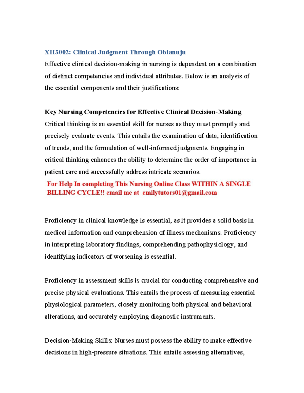 XH3002: Essential Nursing Competencies for Clinical Judgment - Studocu