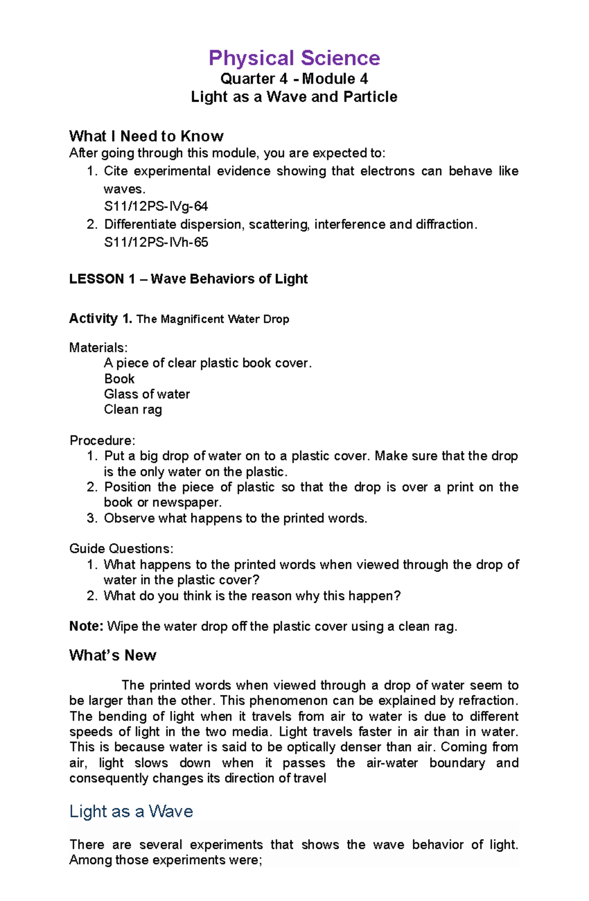 PS-Q4: Module 4 - Light as a Wave and Particle Overview - Studocu