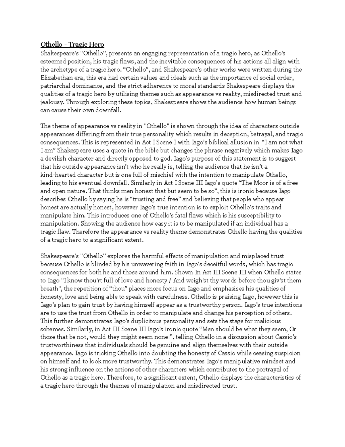 Othello (ENG 101) Essay Draft: Tragic Hero and Themes of Manipulation ...
