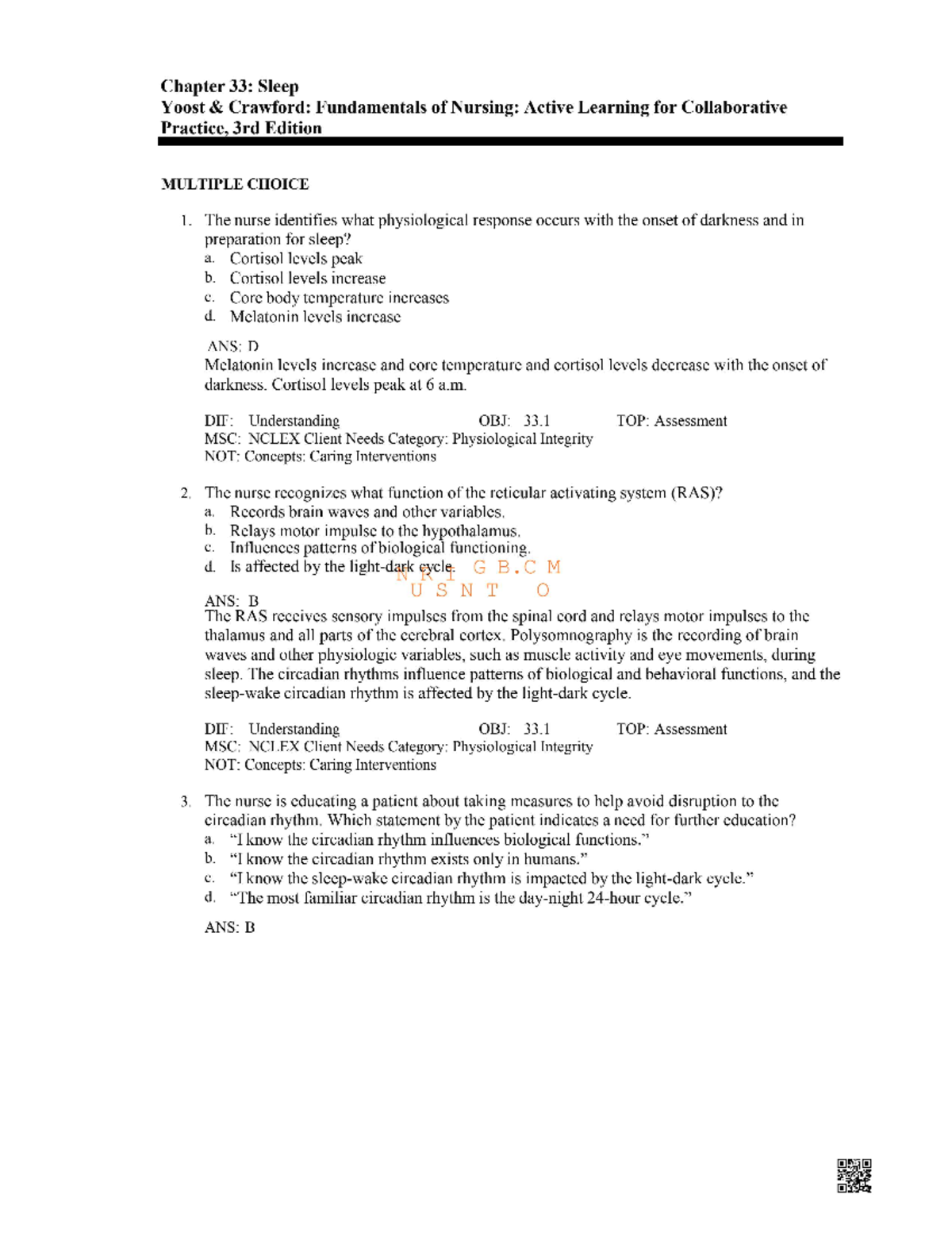 Chapter 33: Sleep Study Guide for Nursing Fundamentals (Yoost Crawf ...