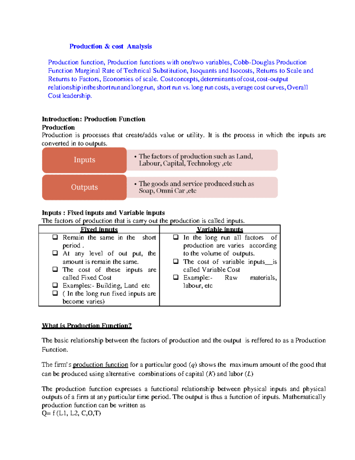 **Unit-III: Production & Cost Analysis - Key Concepts Explained** - Studocu