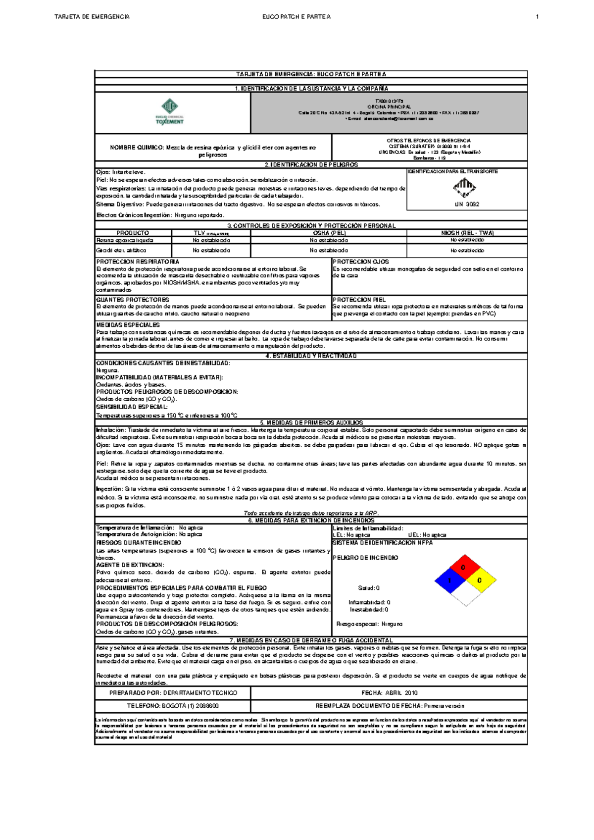 TARJETA DE EMERGENCIA: EUCO PATCH E - HDS y Medidas de Seguridad - Studocu