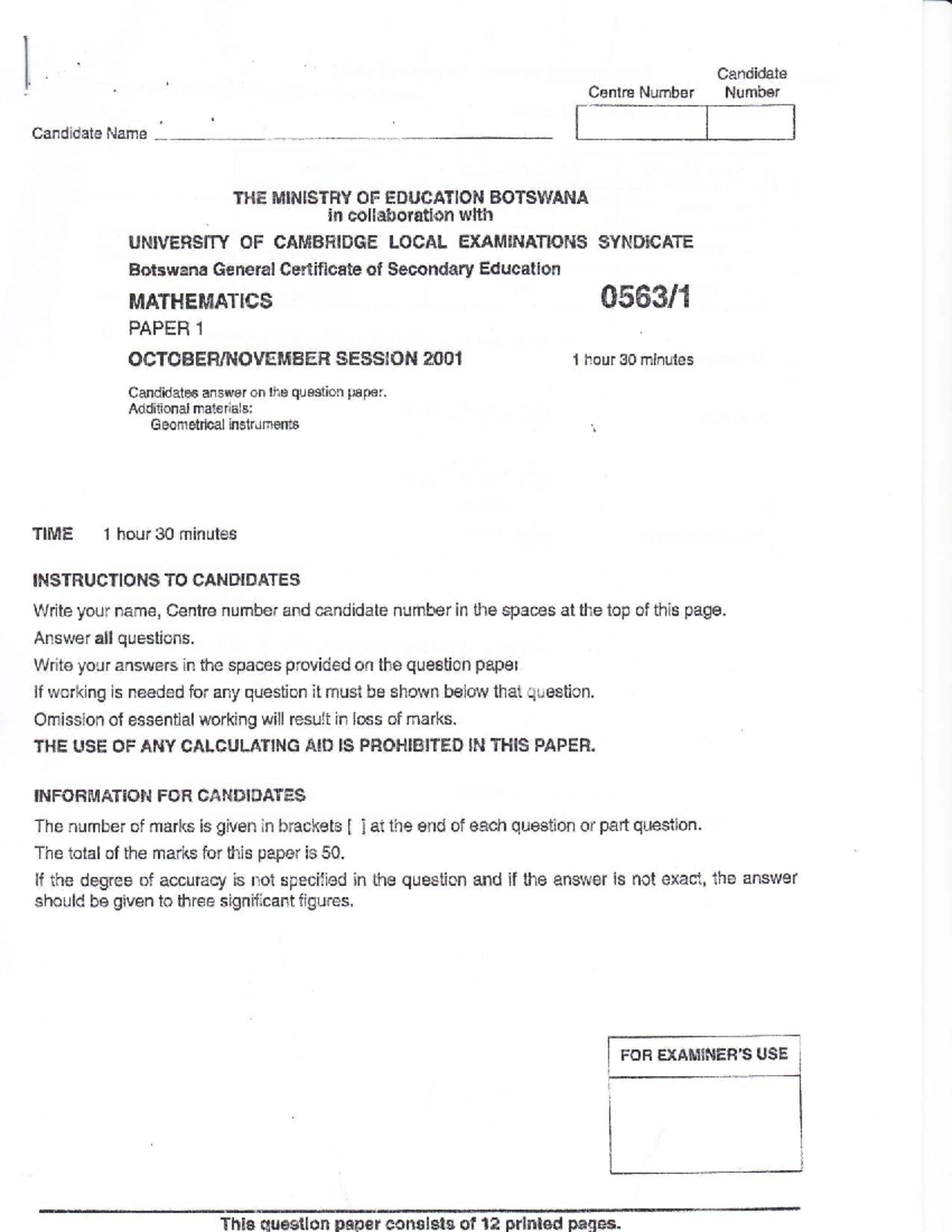 2001 BGCSE 056311 Paper 1 - Revision Questions - Studocu