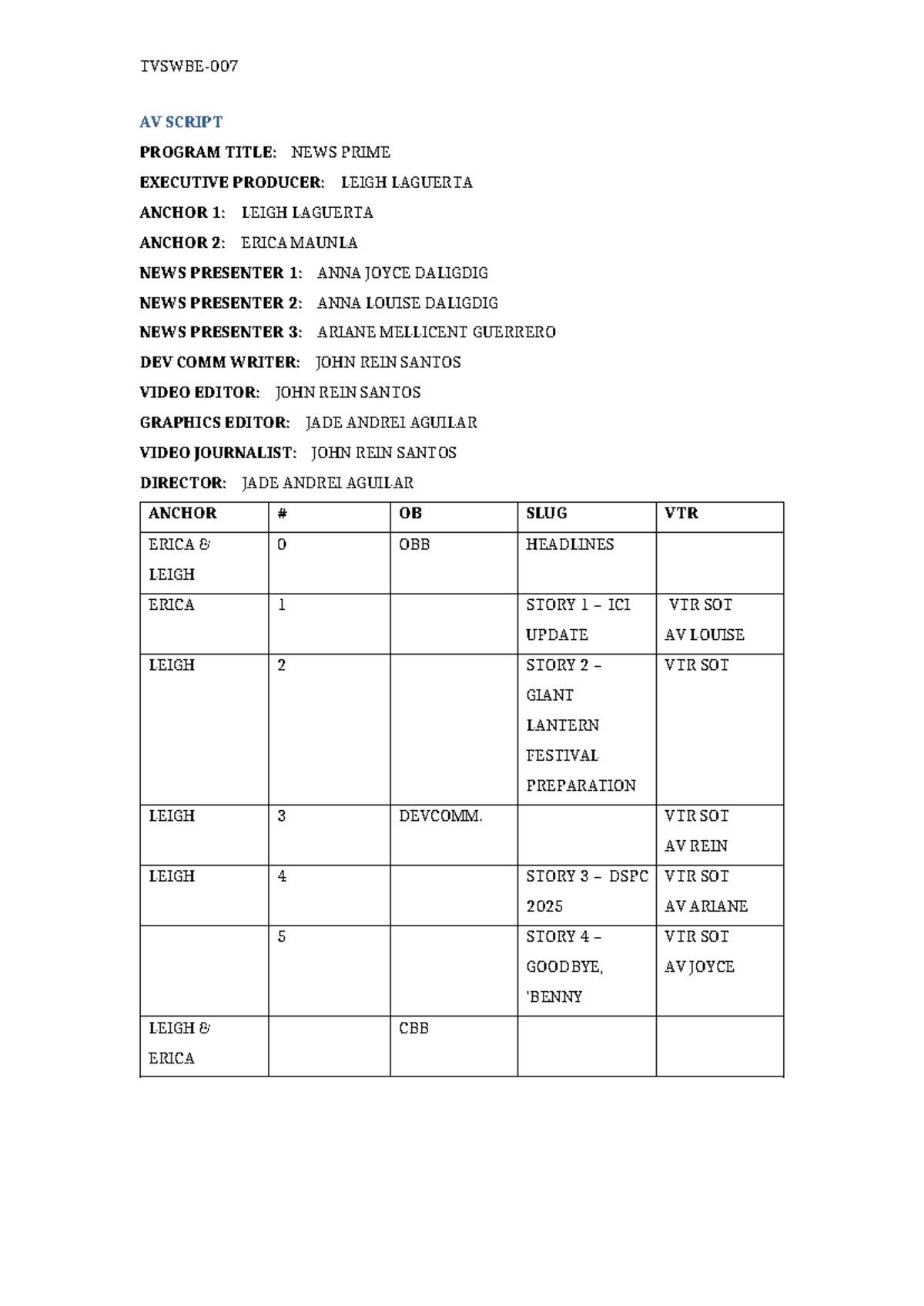 AV SCRIPT: NEWS PRIME - FINAL FORMAT FOR TV BROADCAST - Studocu
