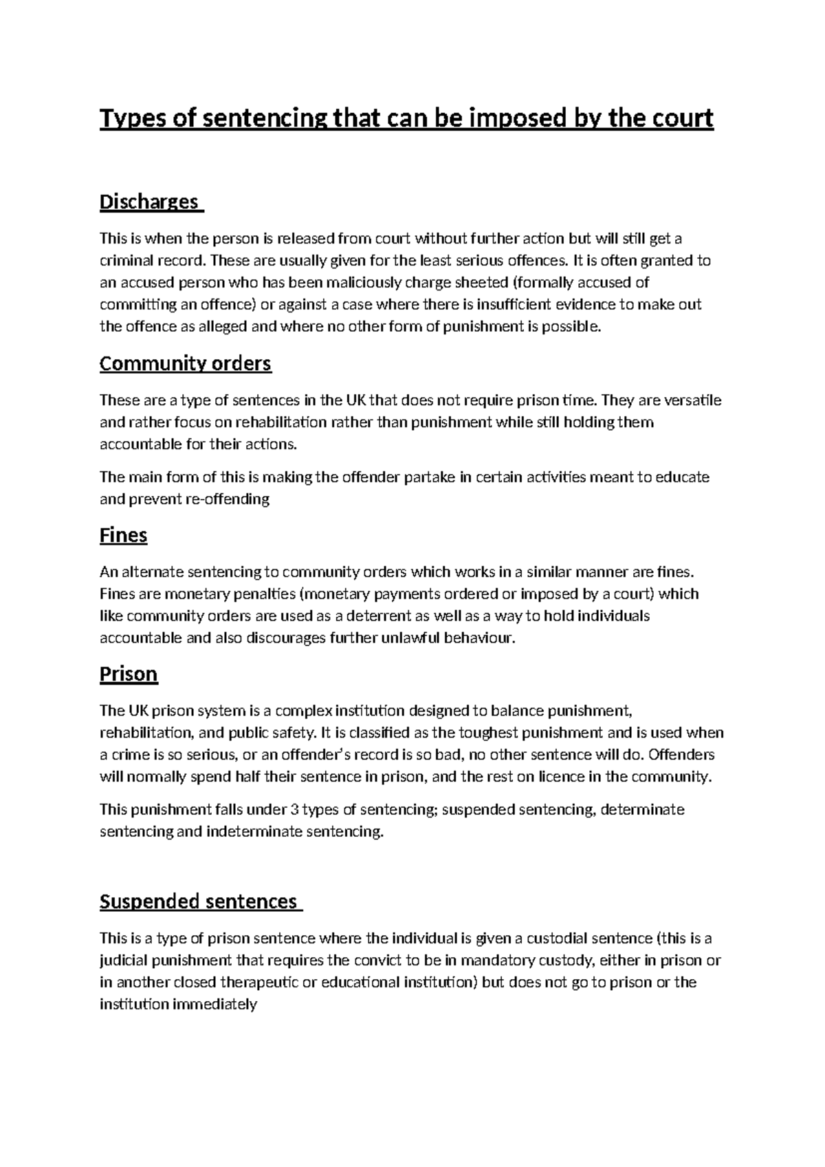 Types of Sentencing Imposed by the Court - Public Services - Studocu