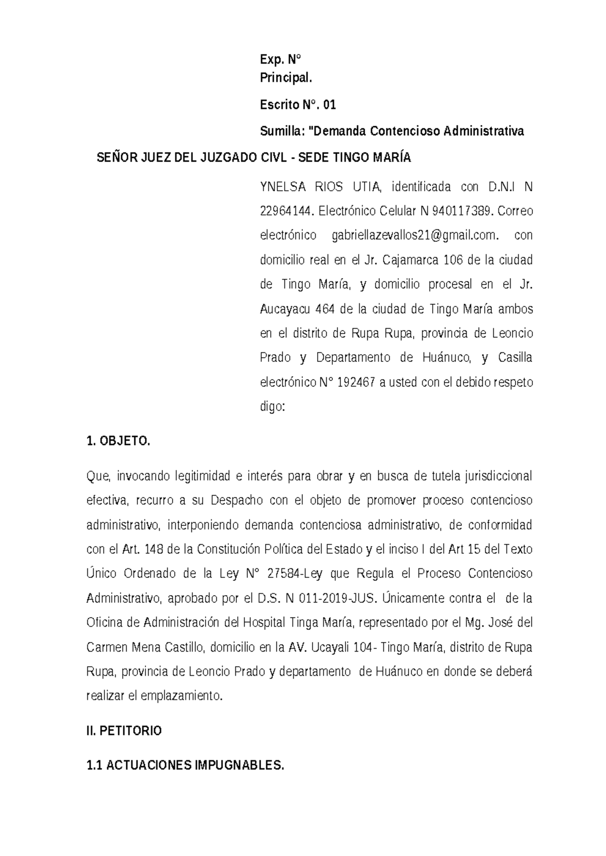Contencioso Administrativo COVID-19: Demanda de Ynelza Rios Utia - Document Preview