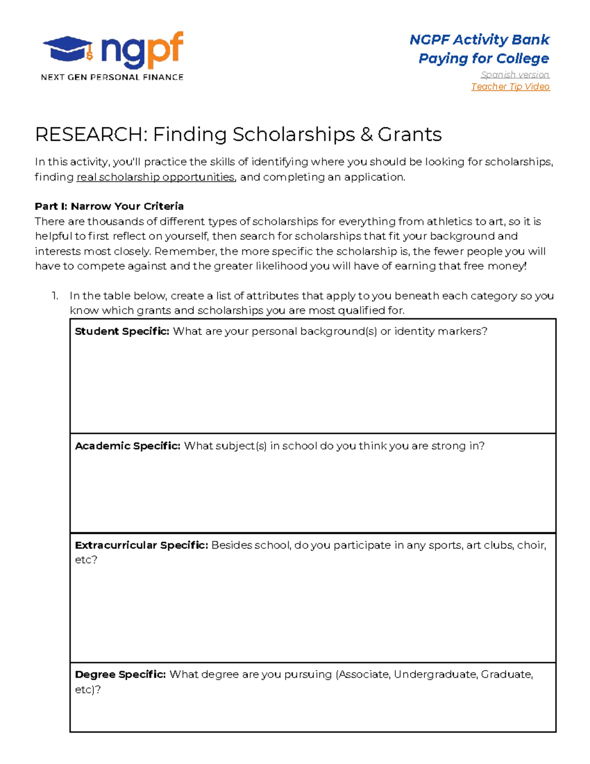 NGPF Activity Bank: Finding Scholarships & Grants (Spanish Version ...