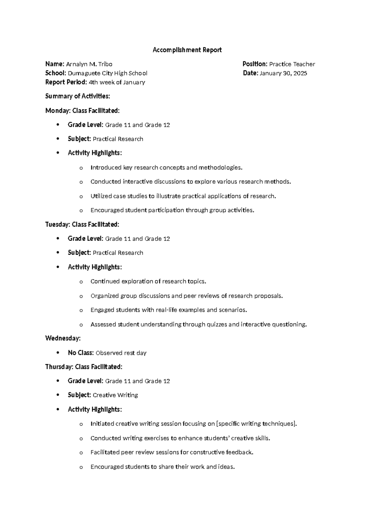 Accomplishment Report: Activities of 4th Week of Jan 2025 - Practice ...