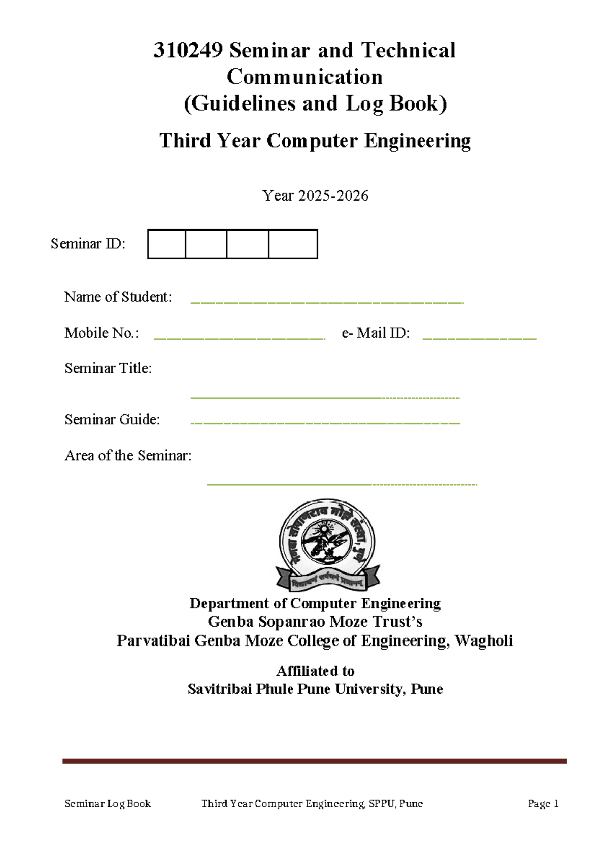 310249 Seminar Log Book Guidelines for Third Year Computer Engineering ...