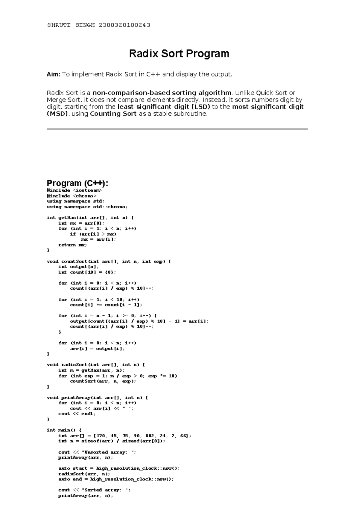 SHRUTI SINGH 2300320100243 Radix Sort Program Lab Report - Studocu