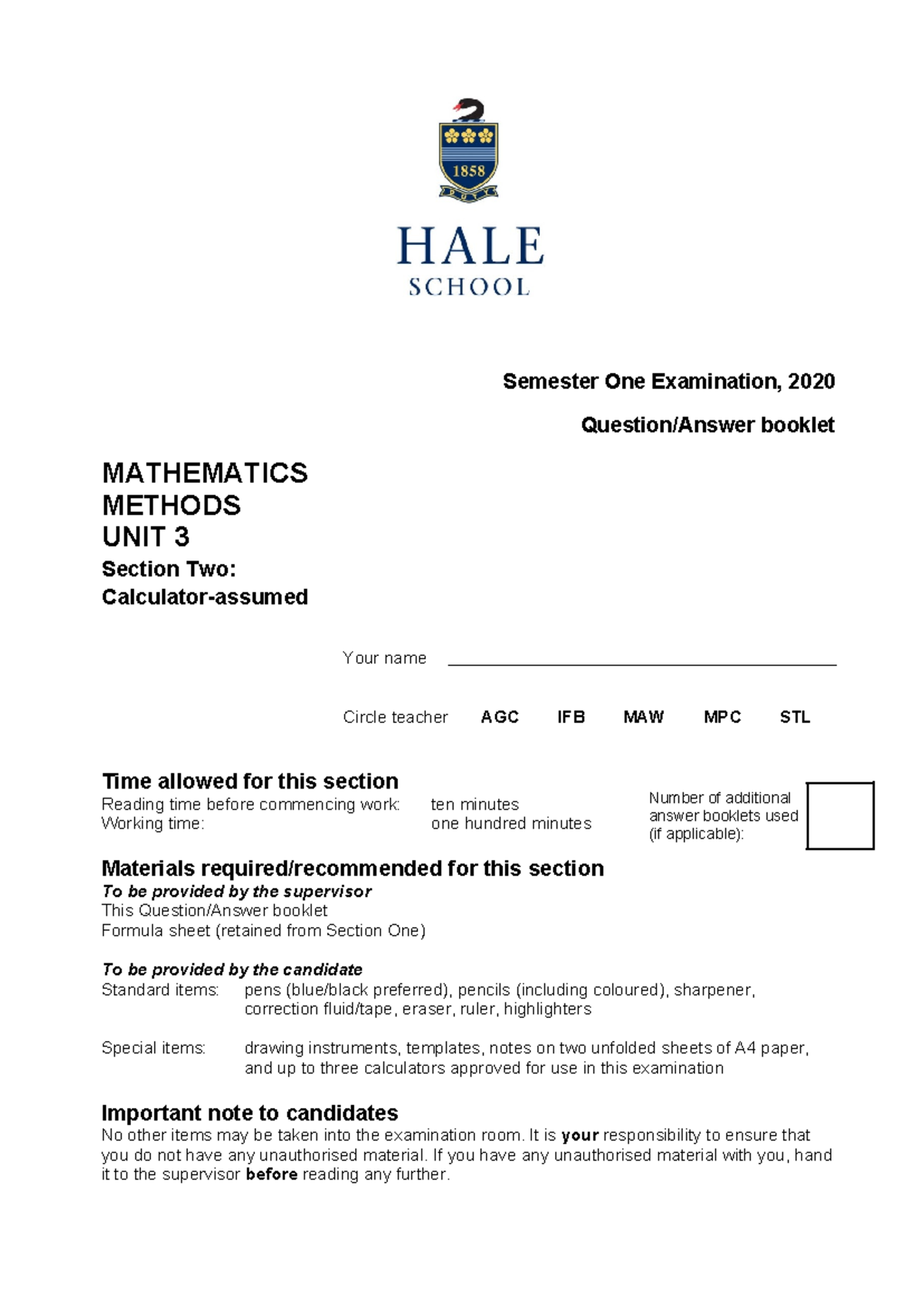 WAEP 2020 YR12 MATH METHODS U3 S2 SEM 1 EXAMINATION - Studocu