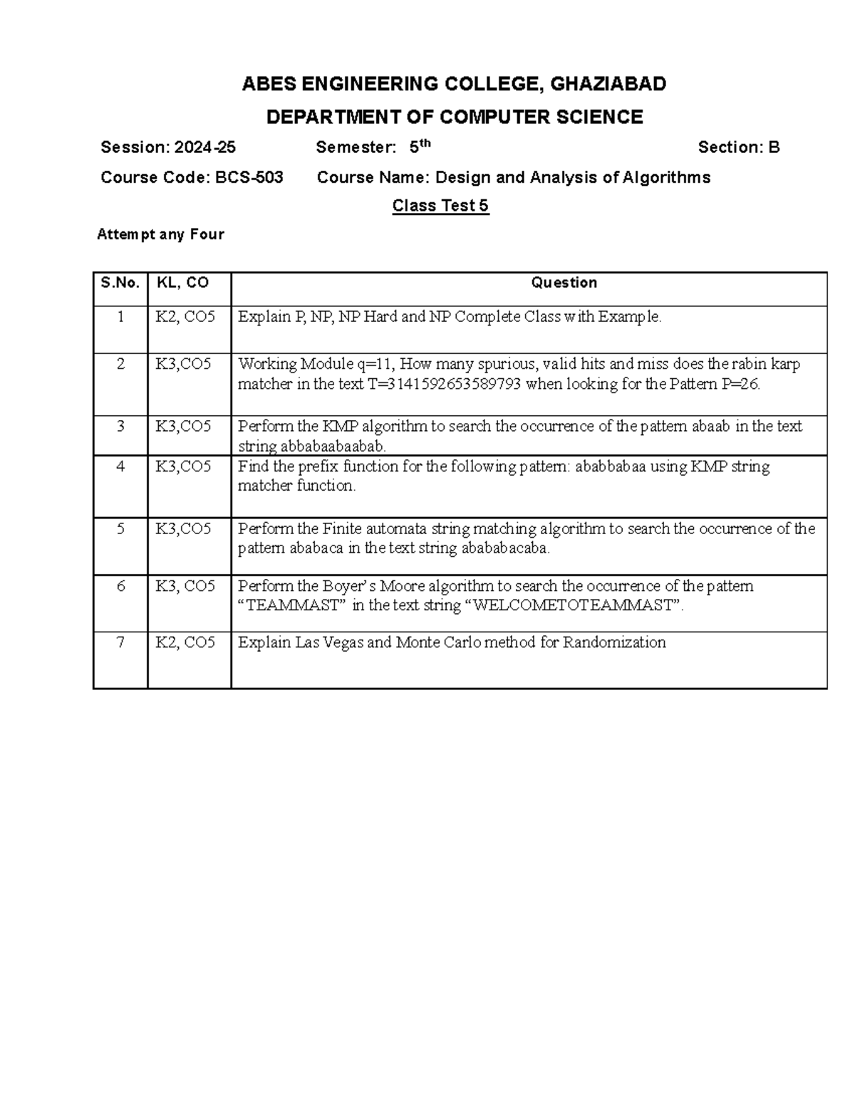 DAA unit 5 test question - ABES ENGINEERING COLLEGE, GHAZIABAD ...