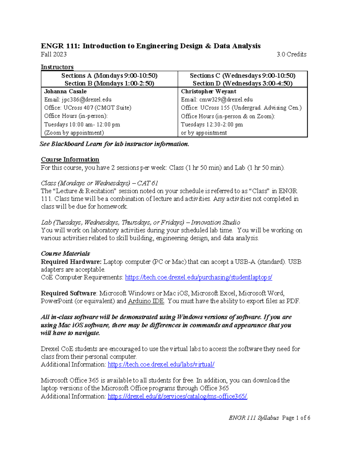Syllabus for ENGR 111: Intro to Engineering Design & Data Analysis Fall ...