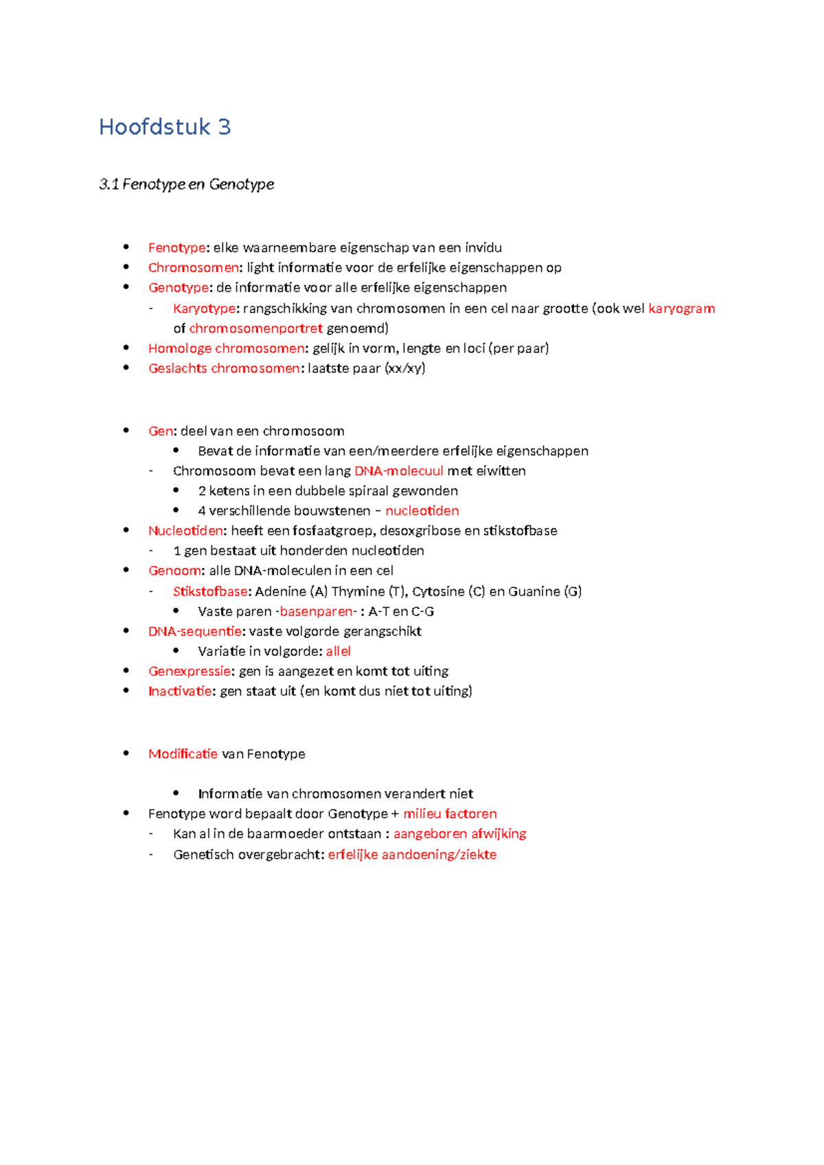 Samenvatting Hoofdstuk 3: Fenotype, Genotype en Genenparen - Studeersnel