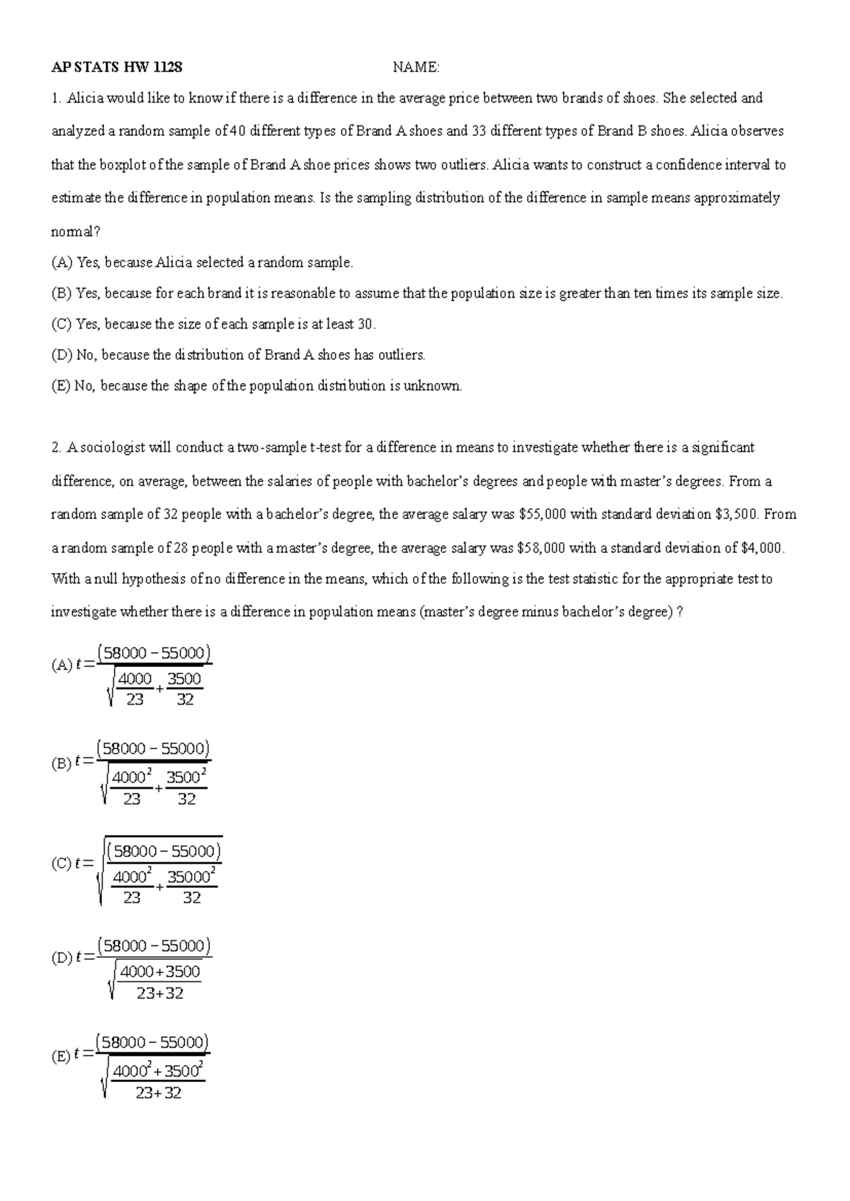 AP STATS HW 1128 - Homework Review on Confidence Intervals and Means ...