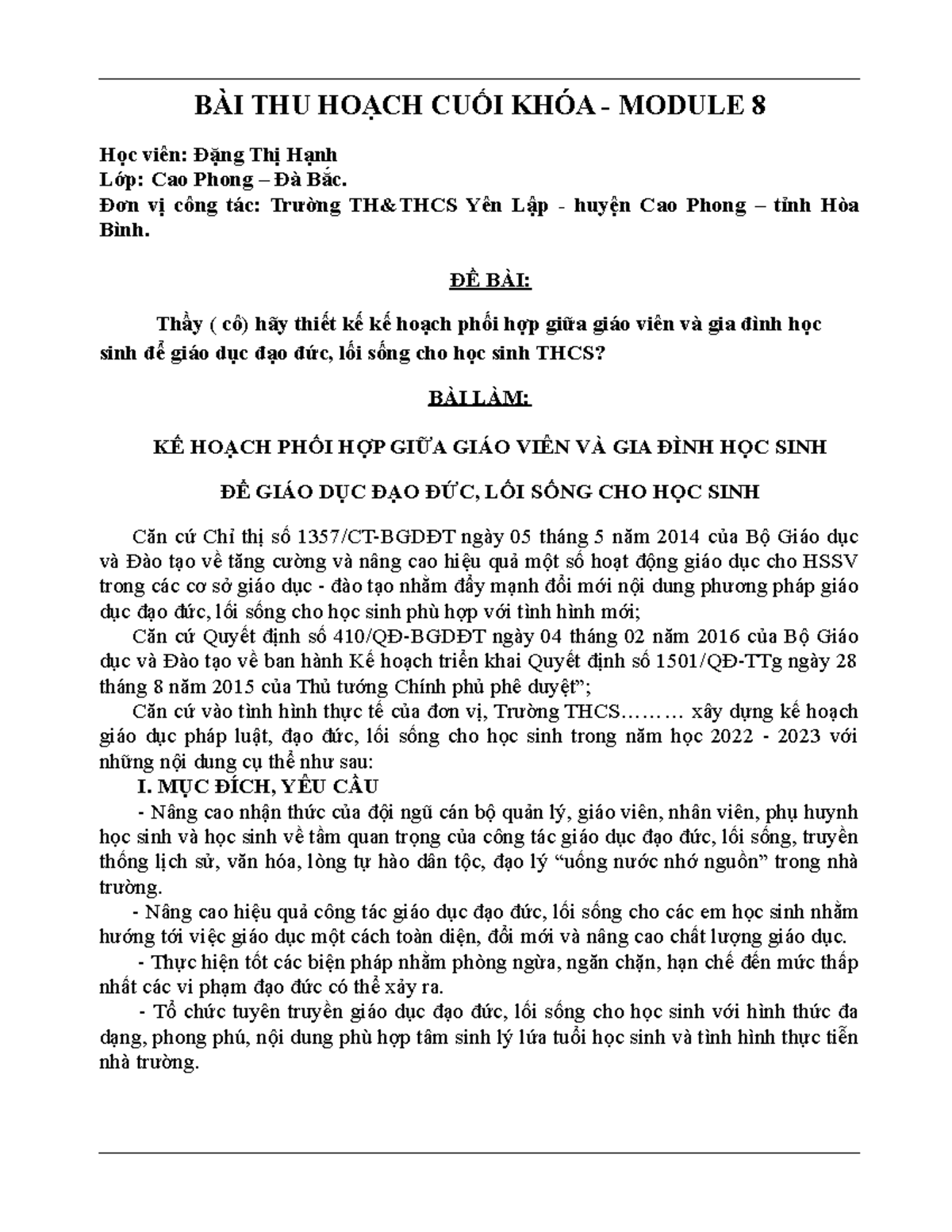 Bài thu hoạch cuối khóa Module 8: Kế hoạch giáo dục đạo đức THCS - Studocu