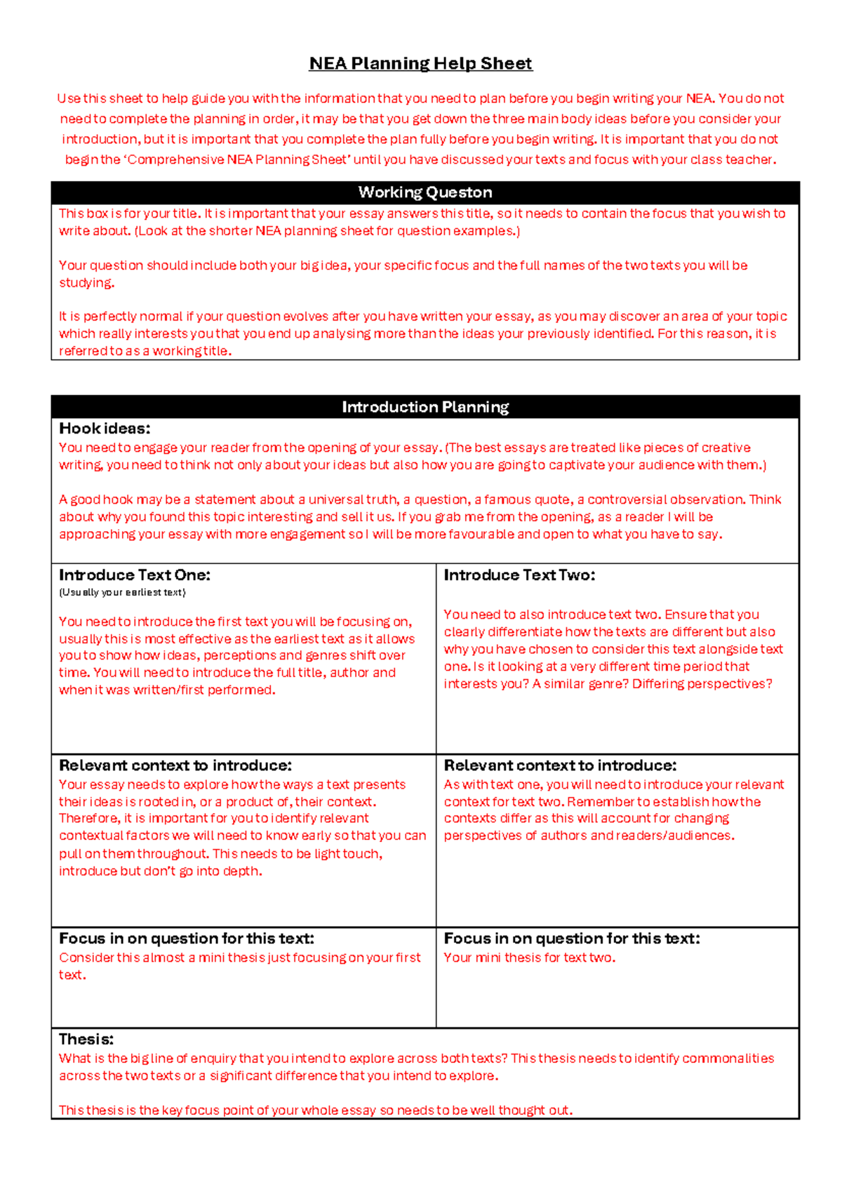 NEA Planning Help Sheet: Structuring Your Essay Effectively - Studocu