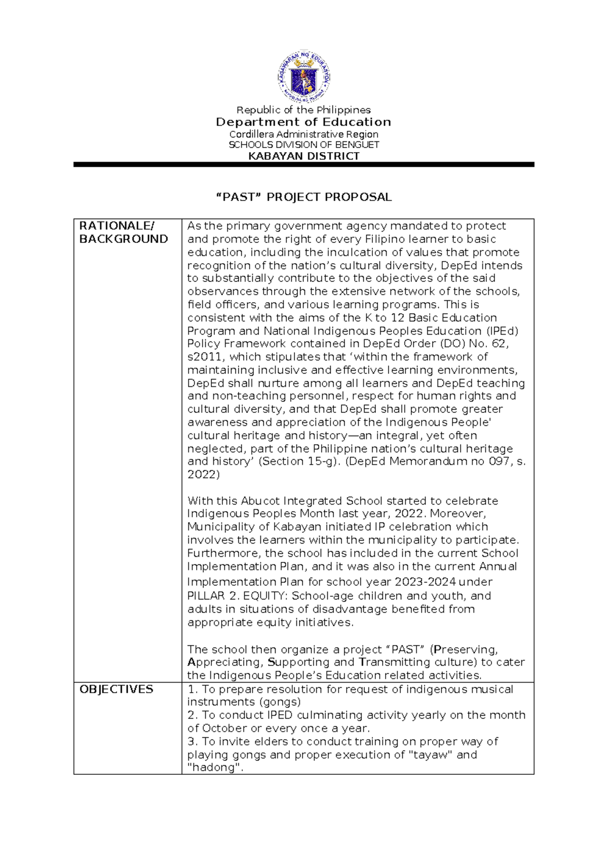 Project Proposal for IPED: Project PAST (Preserving Culture) - Studocu