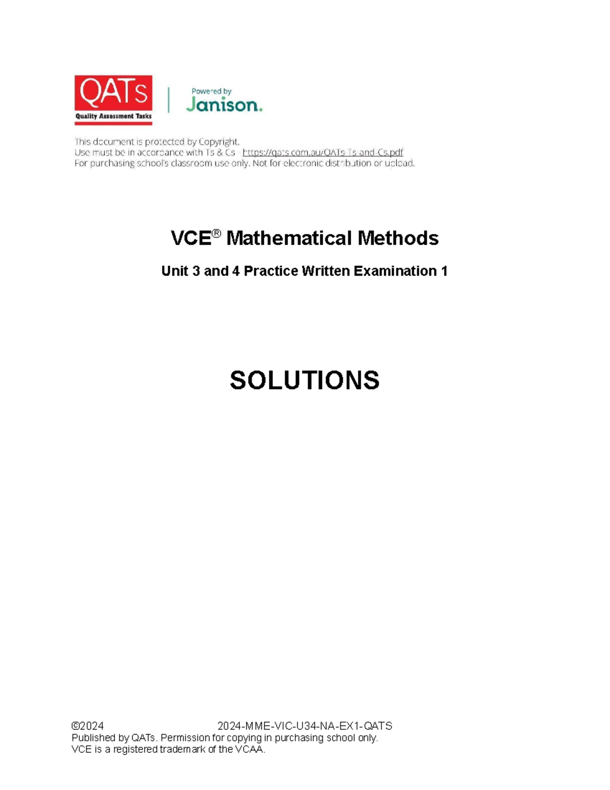2024 QATs VCE Mathematical Methods Units 3 & 4 Exam 1 Solutions - Studocu