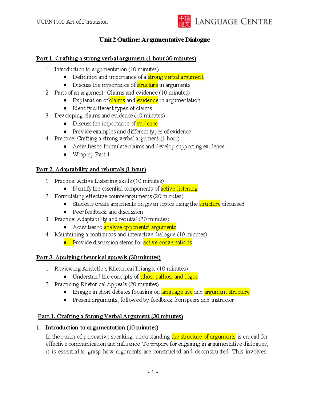 UCPN1005 Art of Persuasion Unit 2: Argumentative Dialogue Outline - Studocu