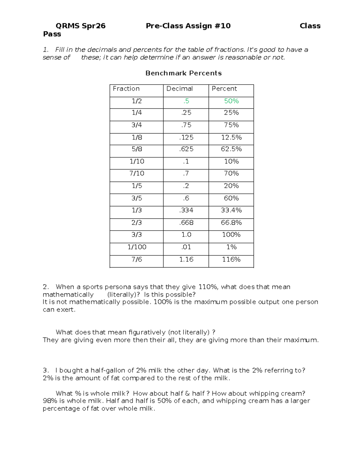 QRMS Spr26 Pass Assign Class 1: Decimals & Percents in Fractions - Studocu