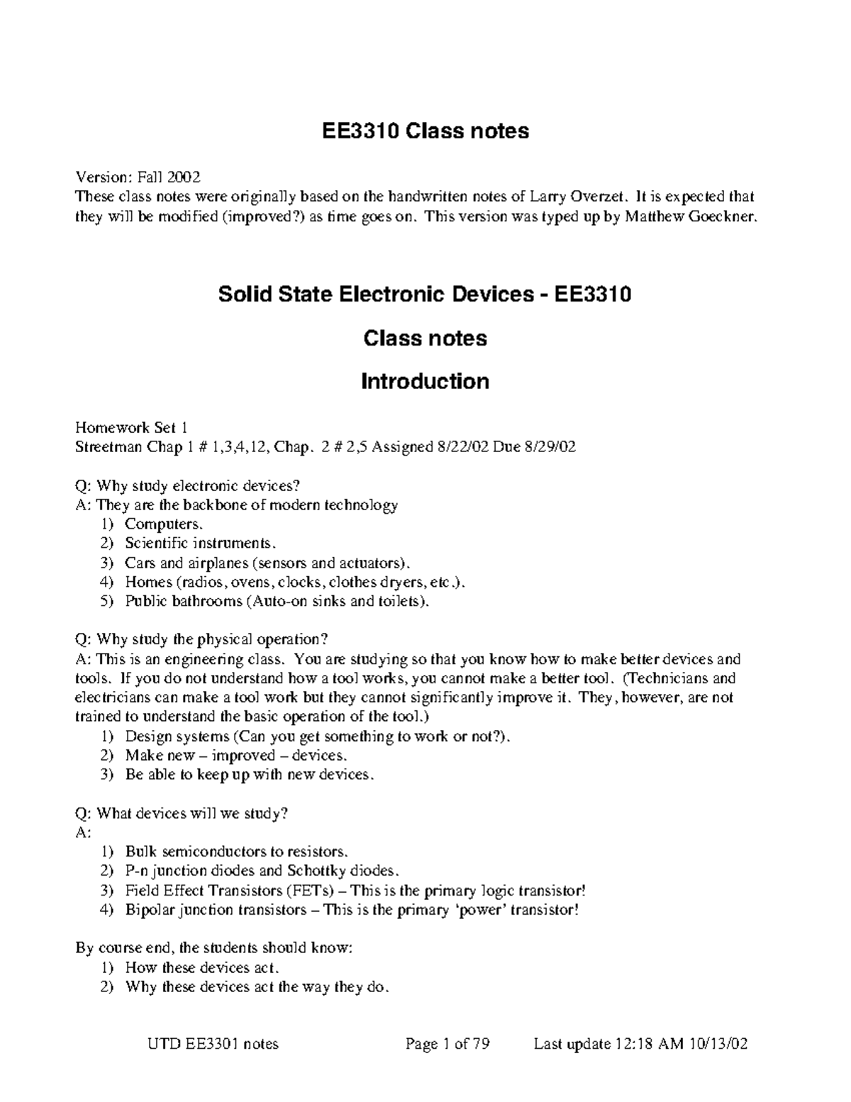EE3310 Class Notes: Solid State Electronic Devices - Fall 2002 - Studocu