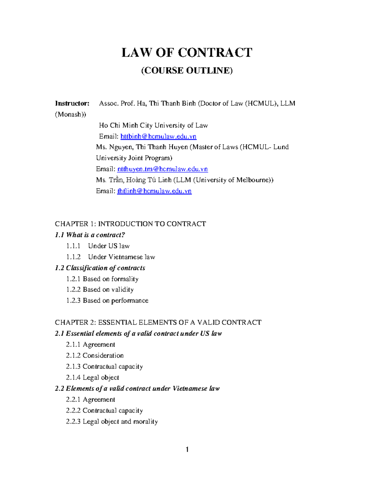Law-of-Contract Course-Outline - 1 LAW OF CONTRACT (COURSE OUTLINE ...