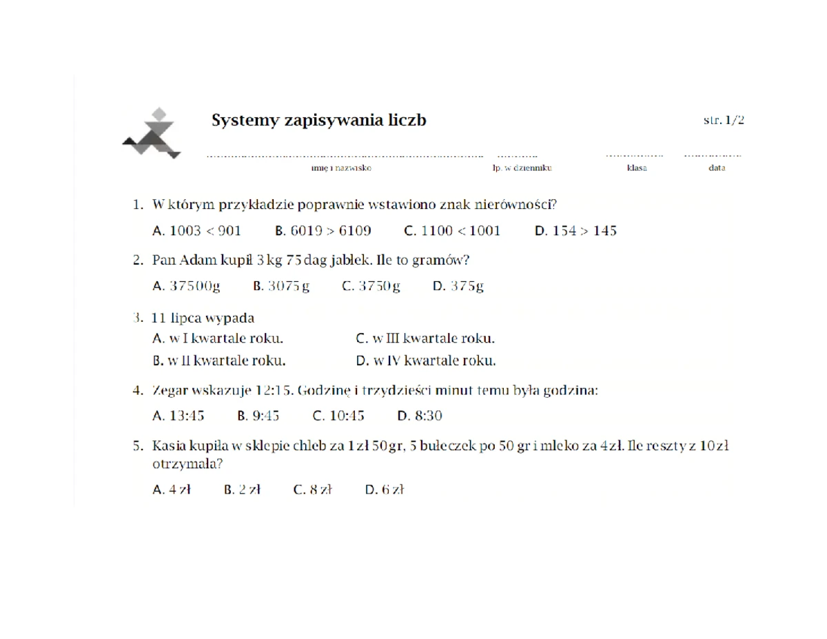 Sprawdzian Matematyka Klasa 5 Ułamki Zwykłe