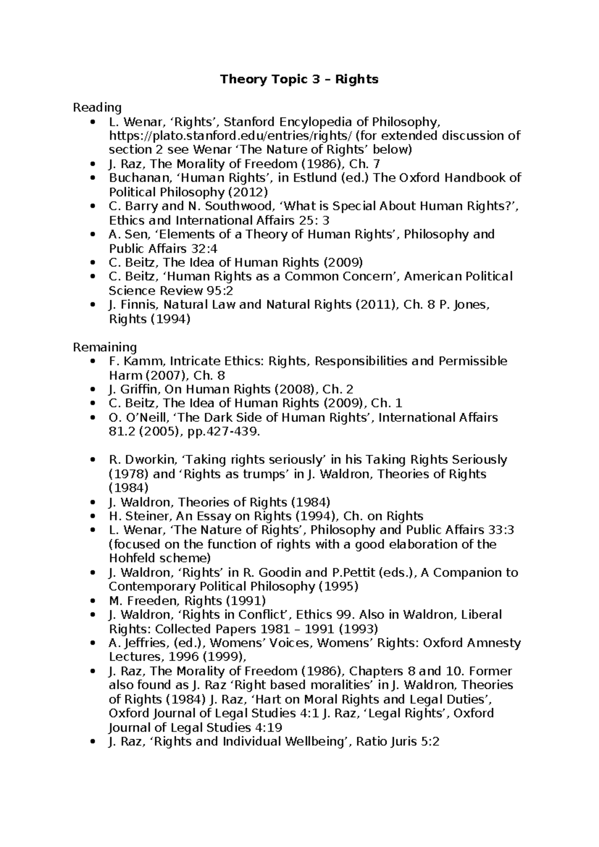 Theory Topic 3: Rights - Key Readings and Philosophical Insights - Studocu