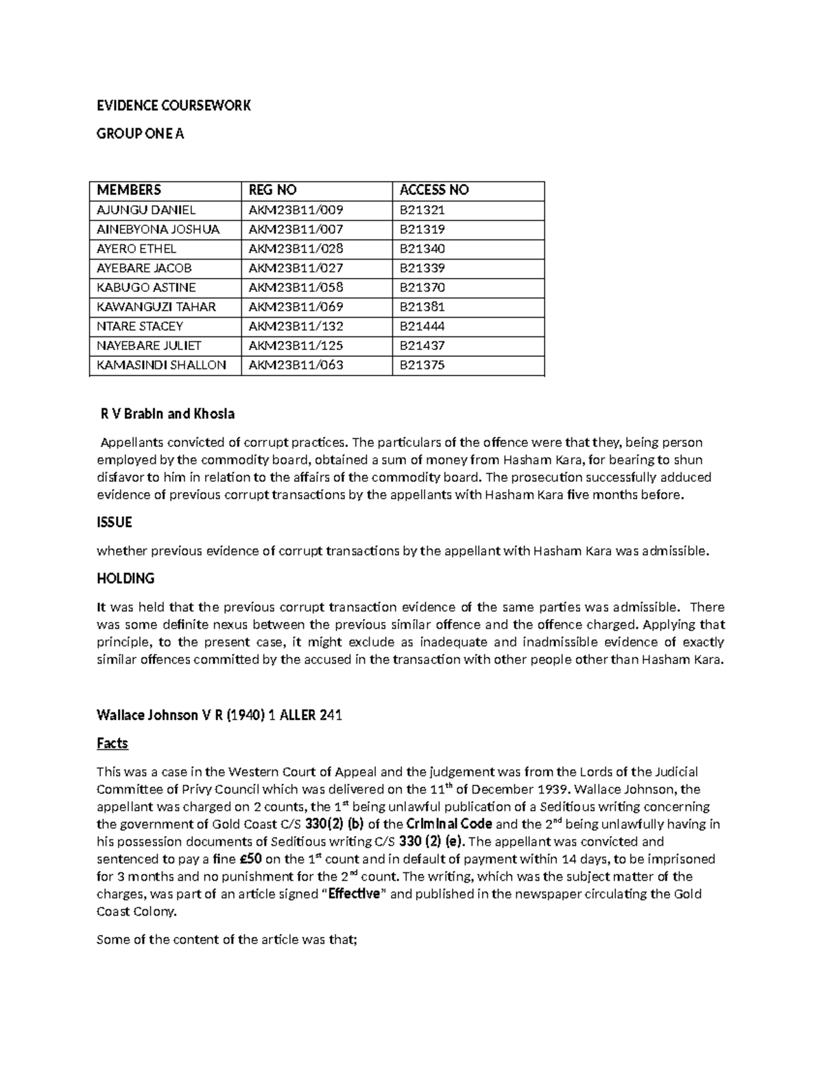 Evidence Coursework Group 1A: Case Analysis and Legal Principles - Studocu