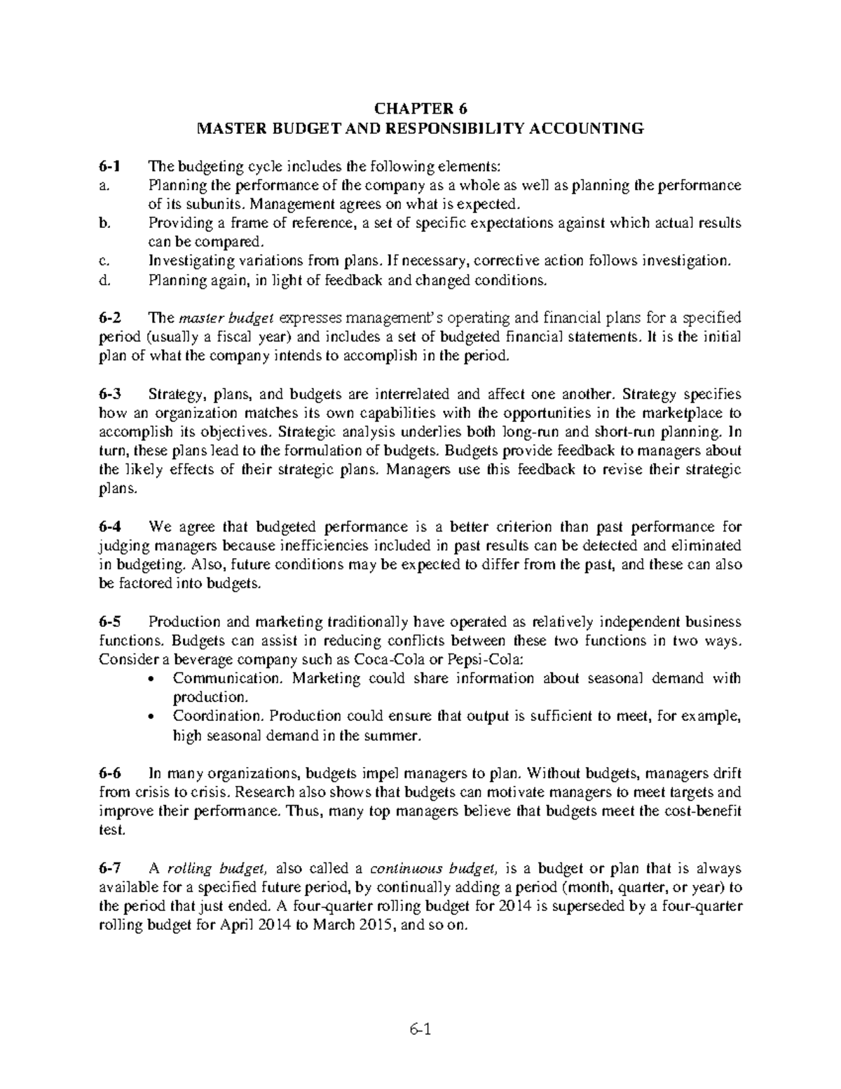 Chapter 6: Master Budgeting and Responsibility Accounting Overview ...