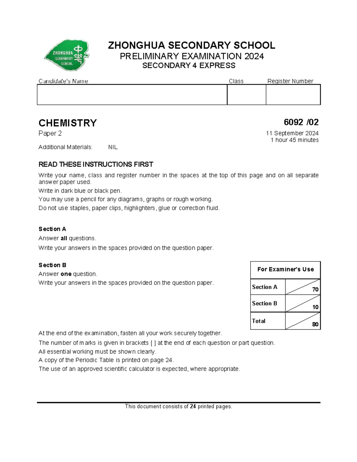 2024 ZHSS Prelim Exam Chemistry Paper 2 (6092) - Studocu