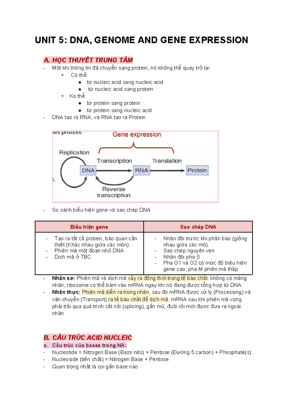 TB SHPT UNIT 5: DNA, Genome và Biểu Hiện Gene - Studocu