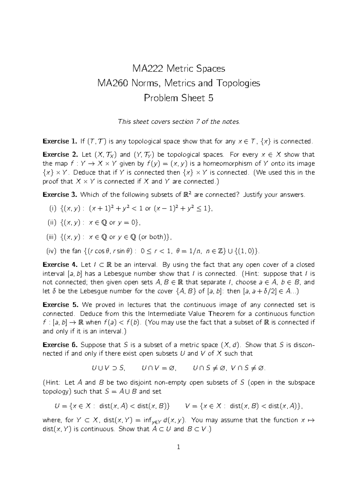 MA222/MA260 Problem Sheet 5: Connectedness in Metric Spaces - Studocu