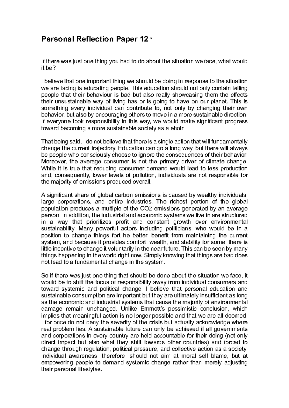 Personal Reflection Paper 12: Addressing Systemic Change for ...