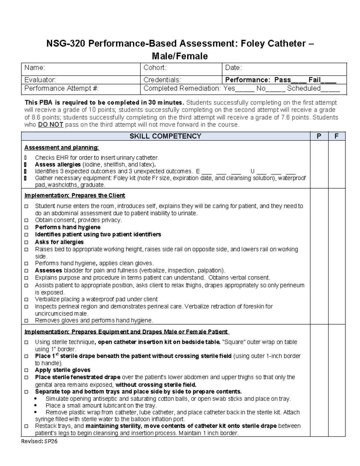 NSG-320 Foley Catheter Performance-Based Assessment Guide - Studocu