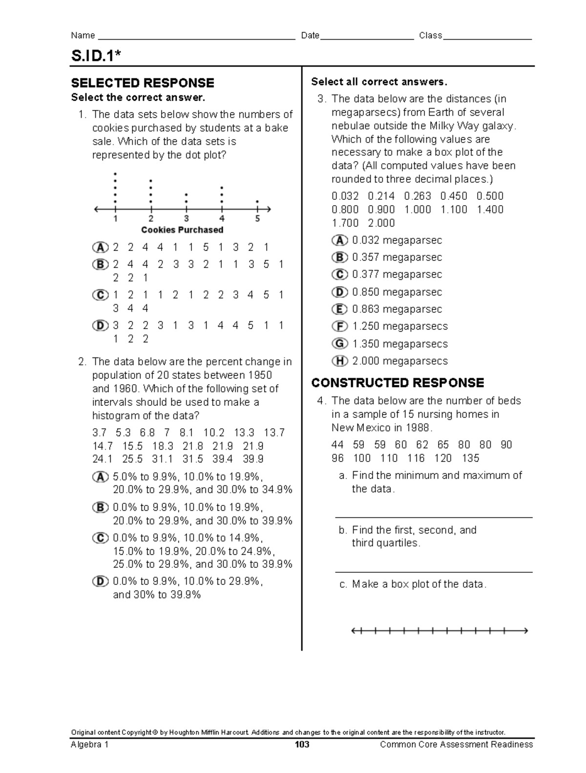 Algebra 1 103 Common Core Assessment Readiness: Stats & Probability ...