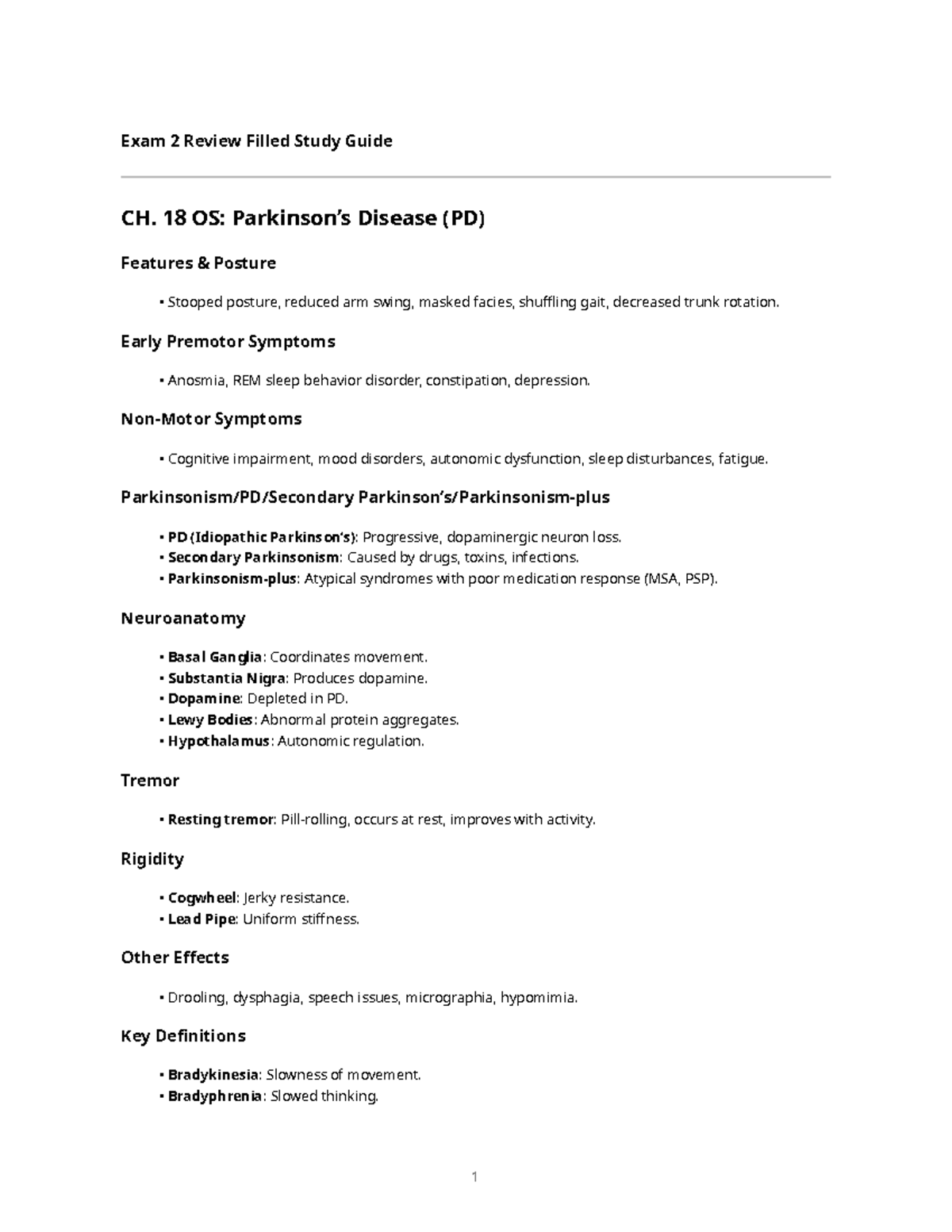Neuro Exam 2 Study Guide: Key Concepts & Features of PD and More - Studocu