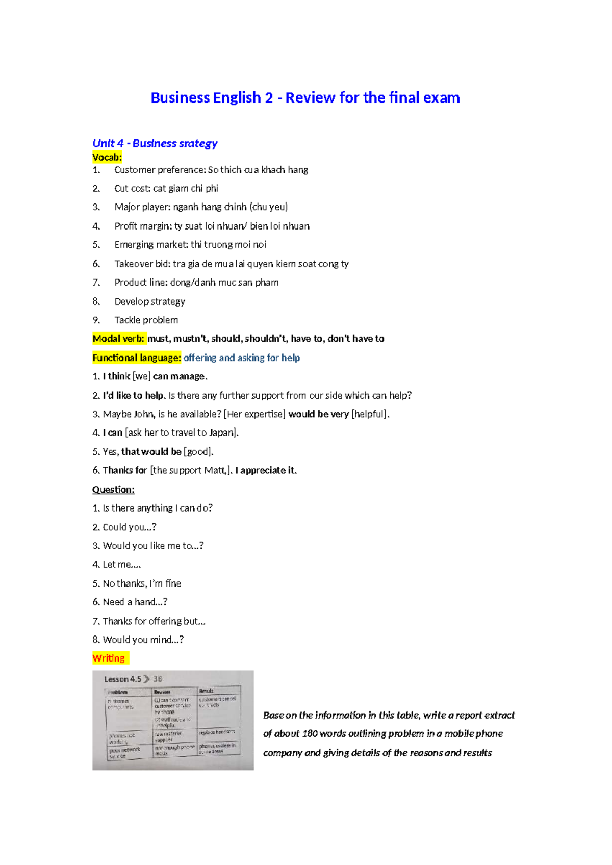 Business English 2 - Final Exam Review: Unit 4 & 5 Vocabulary and ...