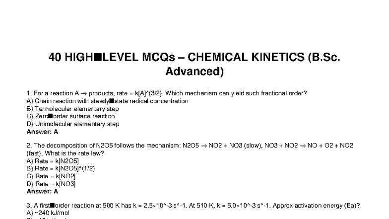 40 High-Level MCQs on Chemical Kinetics (B.Sc. Advanced) - Studocu