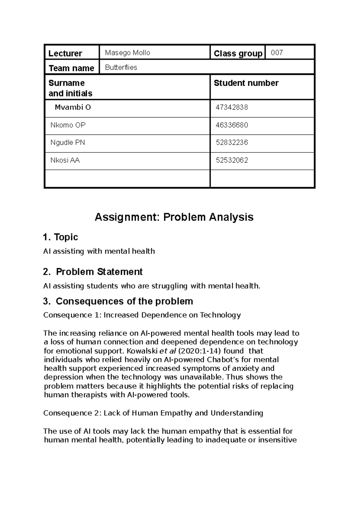 AI and Mental Health: Problem Analysis Assignment (Class 007) - Studocu