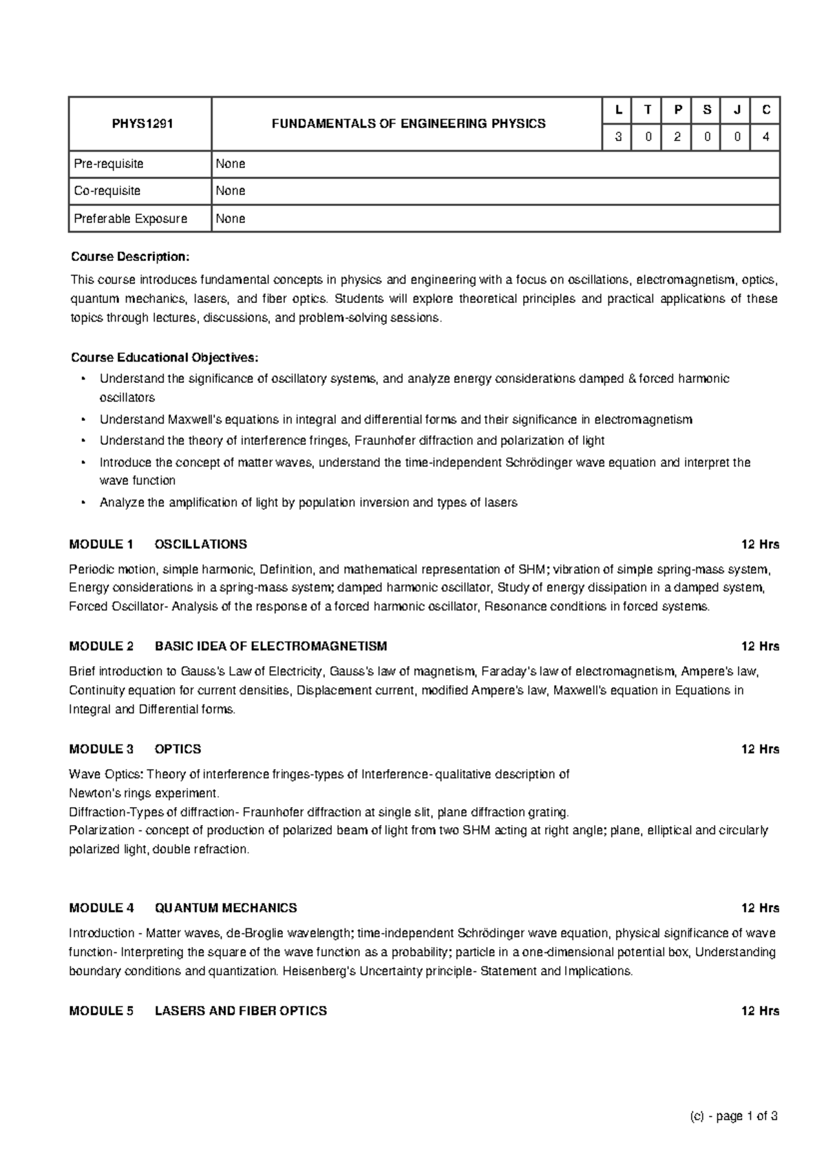 PHYS1291 Fundamentals of Engineering Physics Course Overview - Studocu