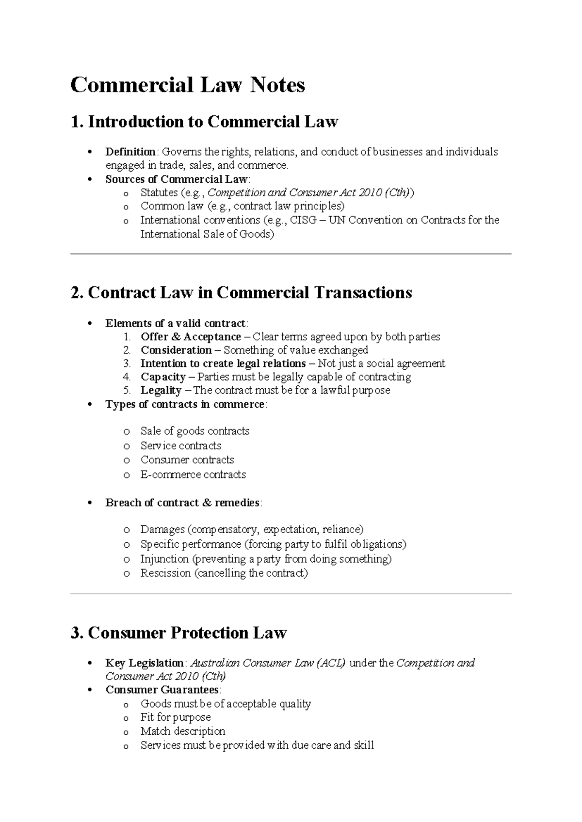 Commercial Law Notes - A Comprehensive Overview for Legal Studies - Studocu