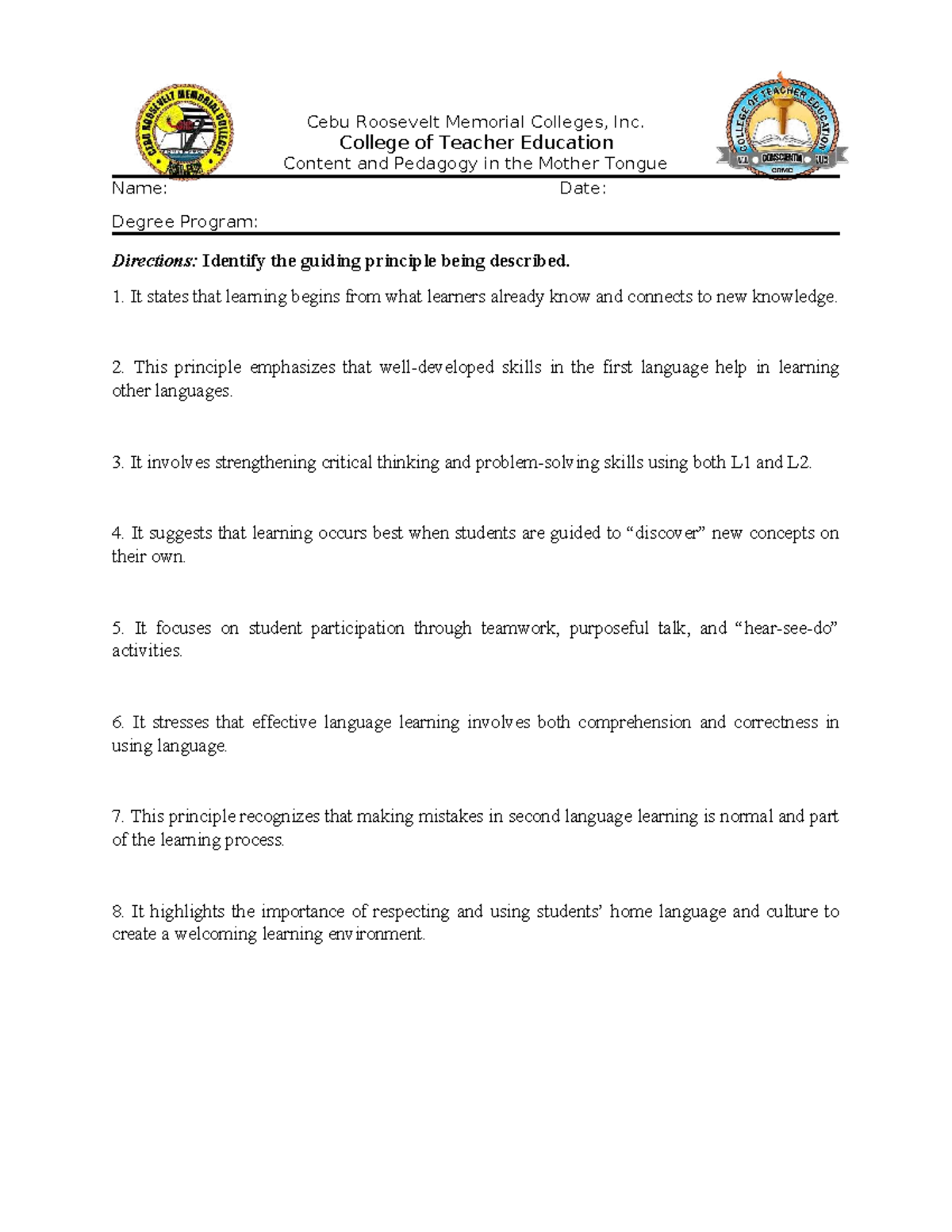 8 Guiding Principles in Mother Tongue Education - CTE 101 - Studocu